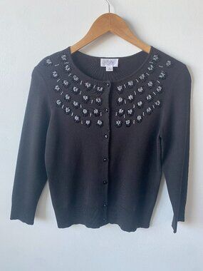 LOFT Ann Taylor Black Beaded Cardigan Medium | Embellished Button Front Sweater